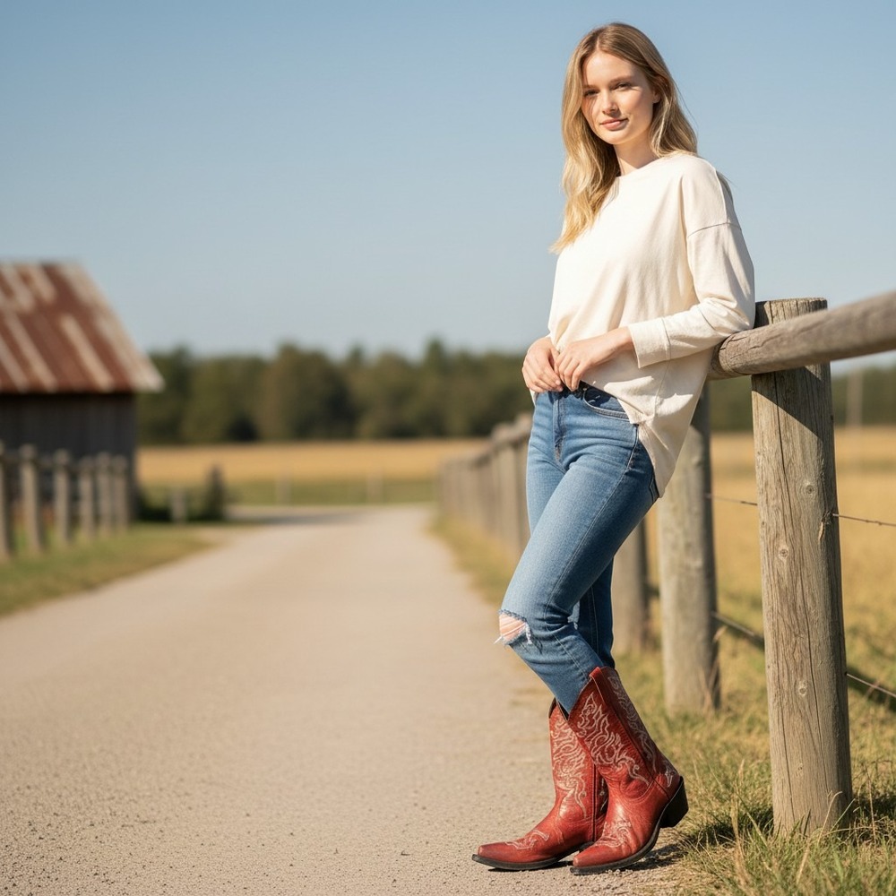 Red Leather Western Cowboy Boots Snip Toe Contrast Stitching Cowgirl Boots